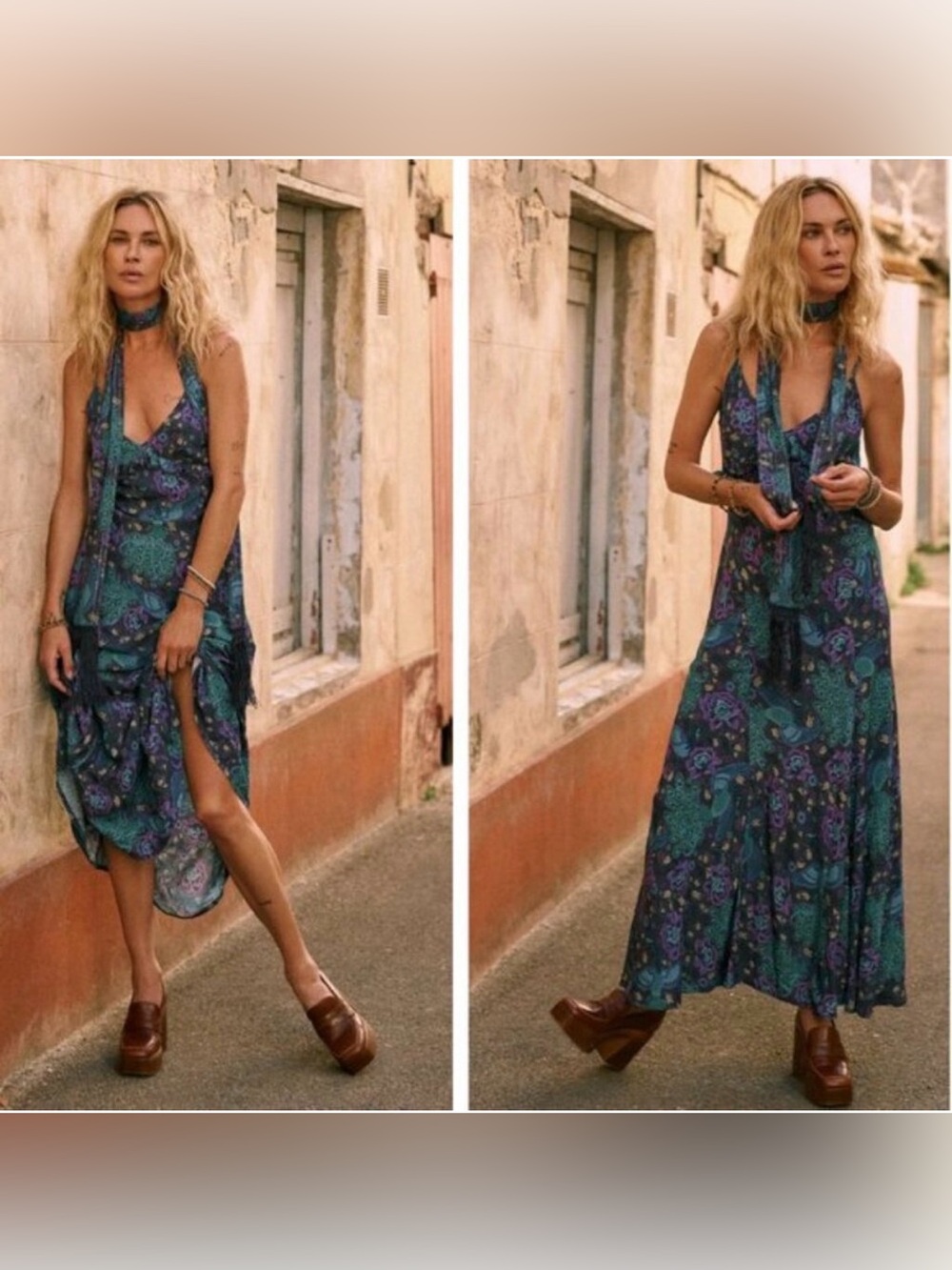 Spell Bohème Bias Cut Maxi Dress in Peacock Colorway